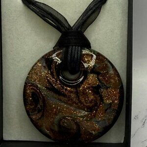NEW Blown Glass Black, Gold and Silver Glitter Swirl Round Pendant Necklace